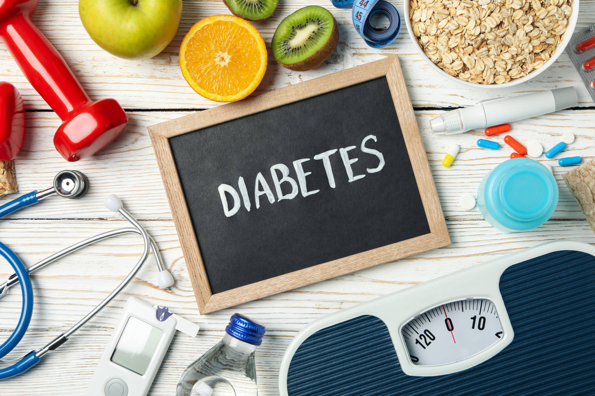 Diabetes medications and diabetic-friendly food. 